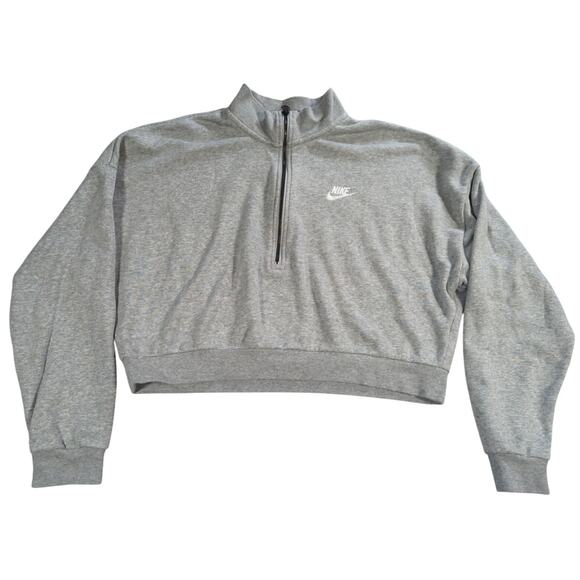 Nike Women Gray Half Zip Cropped Sweatshirt L Logo Pullover Athletic - Picture 1 of 11